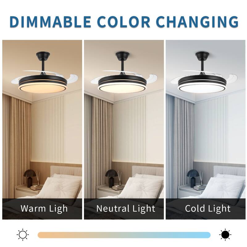 42" Crystal Ceiling Fan with Light & Remote, Retractable LED Blades, 3 Colors & 6 Speeds