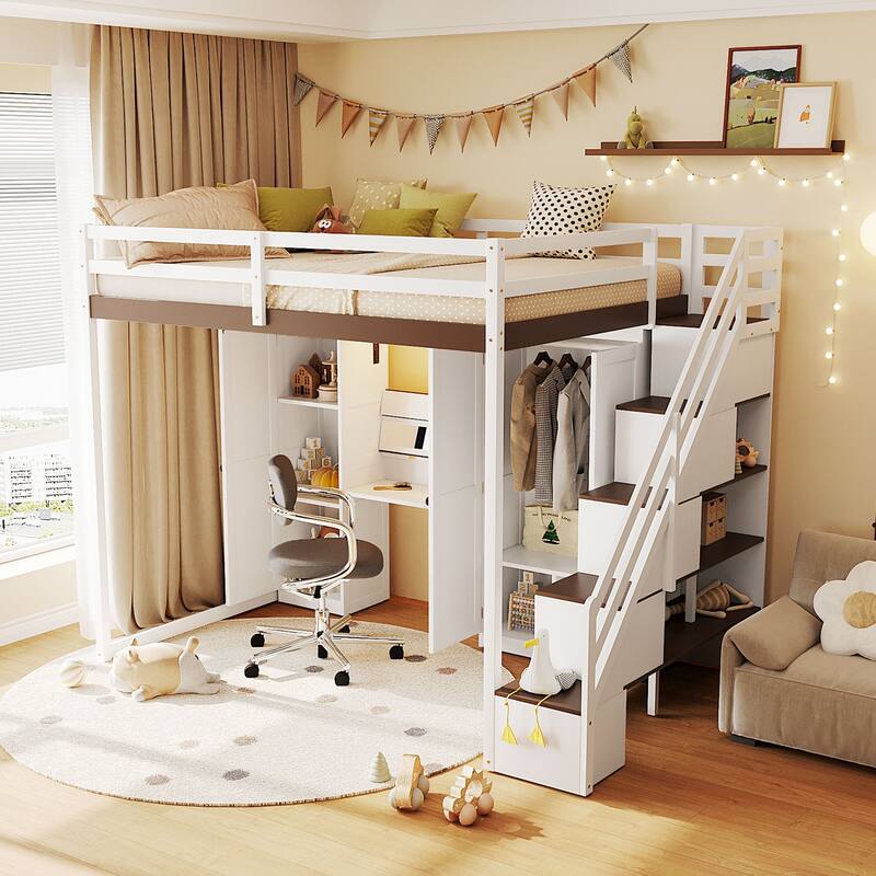 Full Size Loft Bed Frame for Kids with Storage Staircase, Wardrobe, Cabinets, USB, LED and Dressing Table with Mirror and Drawer