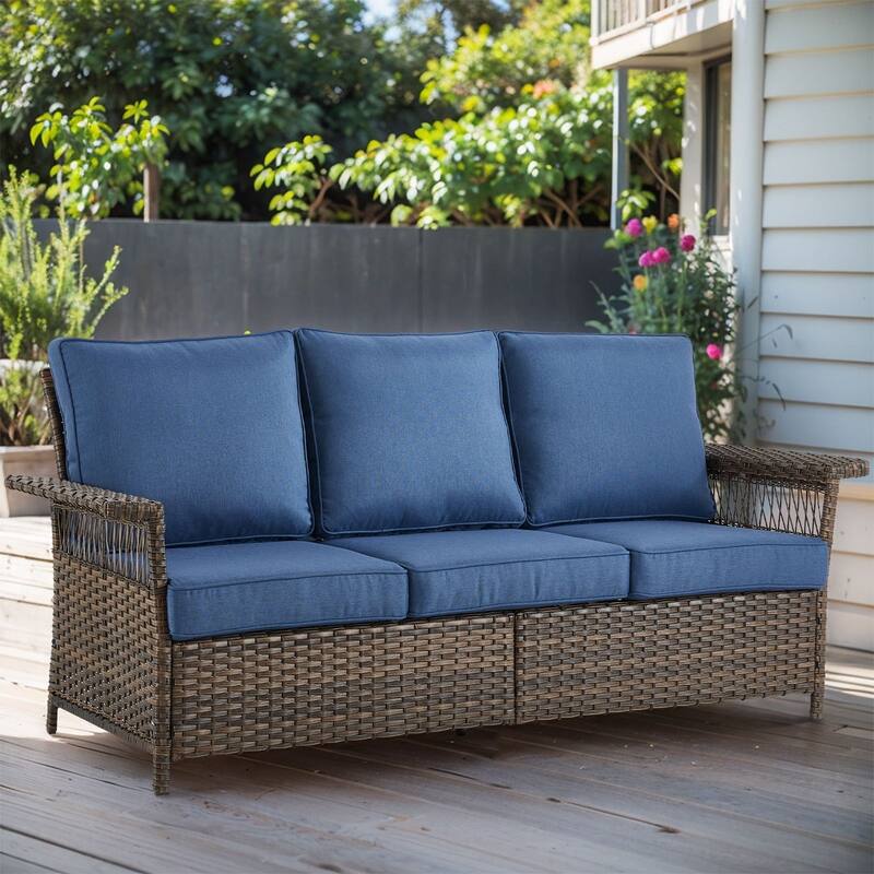 Outdoor Wicker Furniture Couch Set - Brwon Wicker Blue Cushion - 3-Seat Sofa