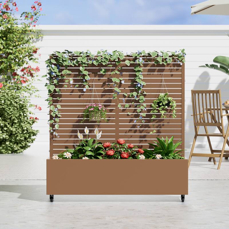 Metal Movable Planter Box with Trellis Privacy Screen Planter Box with Lockable Wheels - 47"x47" - Brown