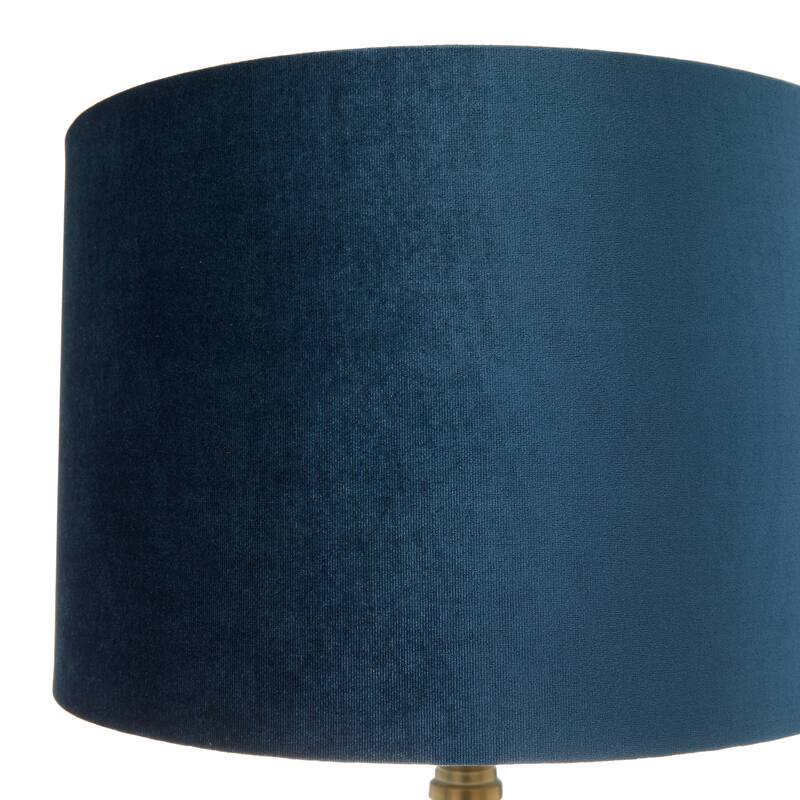 Blue Fabric Ribbed Table Lamp with Velvet Shade and Gold Accents
