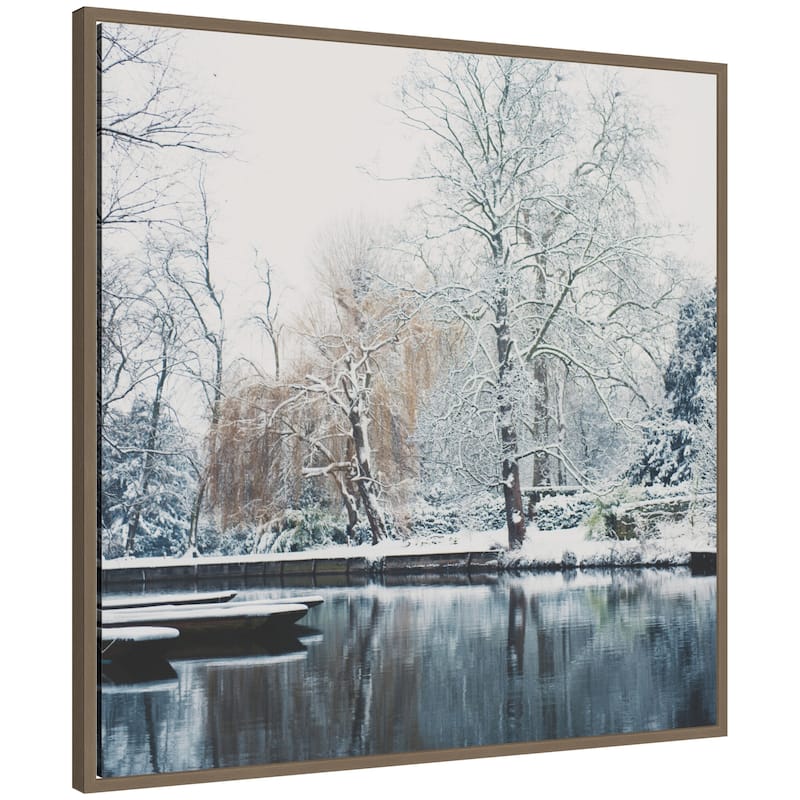 Kate and Laurel Sylvie Framed Canvas Snow Covered Punts on the River Cam by Laura Evans - Gold