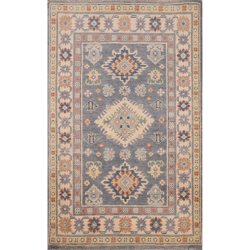 Gray Geometric Kazak Accent Rug Handmade Oriental Wool Carpet - 2'7" x 4'1"