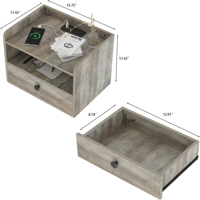 Floating Nightstand Set of 2 with Charging Station and Storage Drawer Wall Mounted - 11.5"D x 15.8"W x 11.5"H