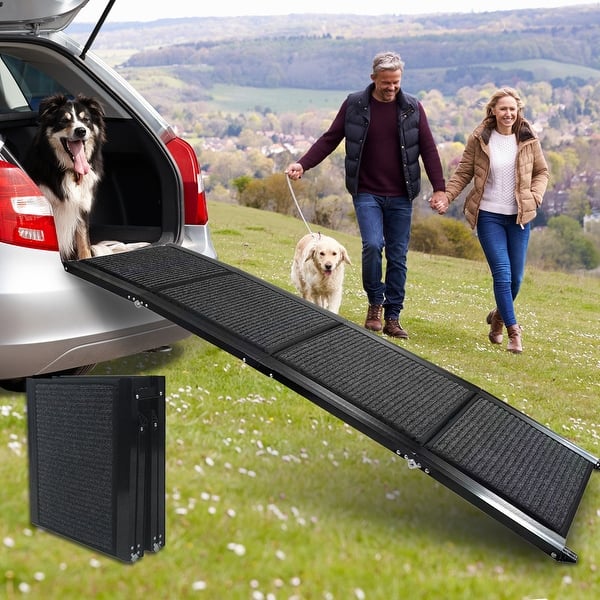 slide 2 of 7, Dog Ramp for Car, Folding Portable Pet Stair Ramp with Non-Slip Rug Surface, Extra Wide Dog Steps for Medium & Small Grey