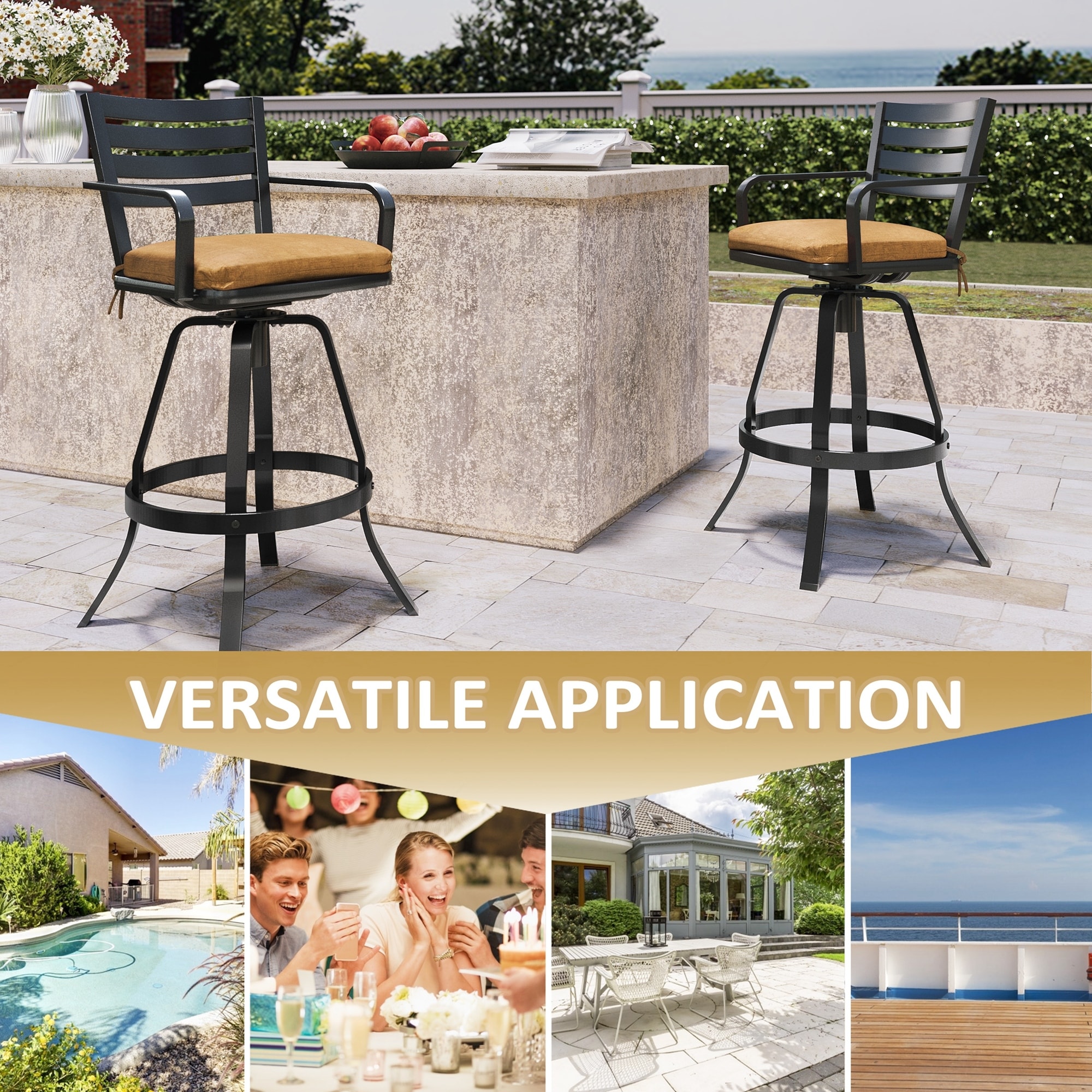 Outdoor Cast Aluminum Bar Stools with Sunbrella Seat Cushion Set