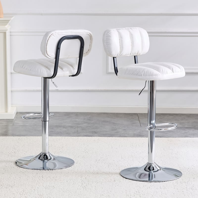 Set of 2 Adjustable Height Bar Stools, PU Leather Upholstered with Chrome Base & Footrest, Modern Comfortable Stools