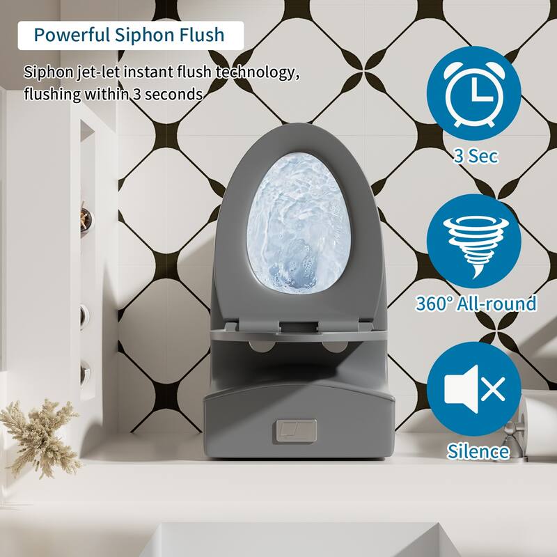 1.1/1.6 GPF Tornado Flush One-Piece Toilet Elongated, Siphonic S-trap 12",Soft Closing Seat, Button on Tank top - LIGHT GREY