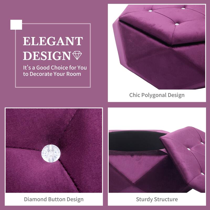 Velvet Polygon Ottoman with Diamond Lid, Multi-Functional Tufted Stroage Ottoman for Bedroom Entryway Foot Rest Stool