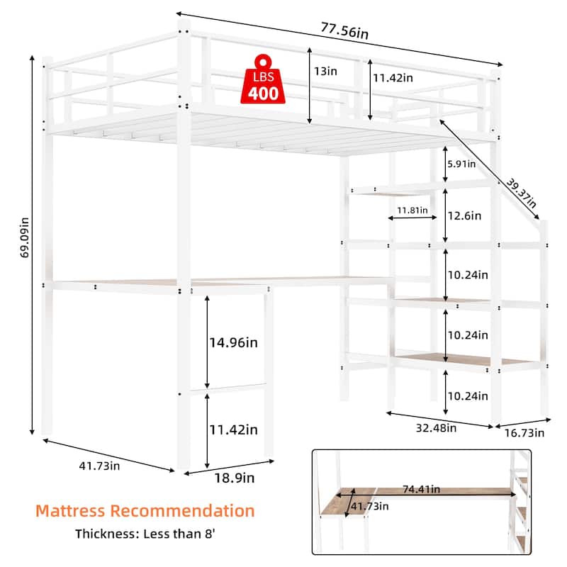 Twin Metal Loft Bed with L-Shaped Desk, Storage Stairs, 360掳 Guardrails, Shelves & Pegboard, Space-Saving Design