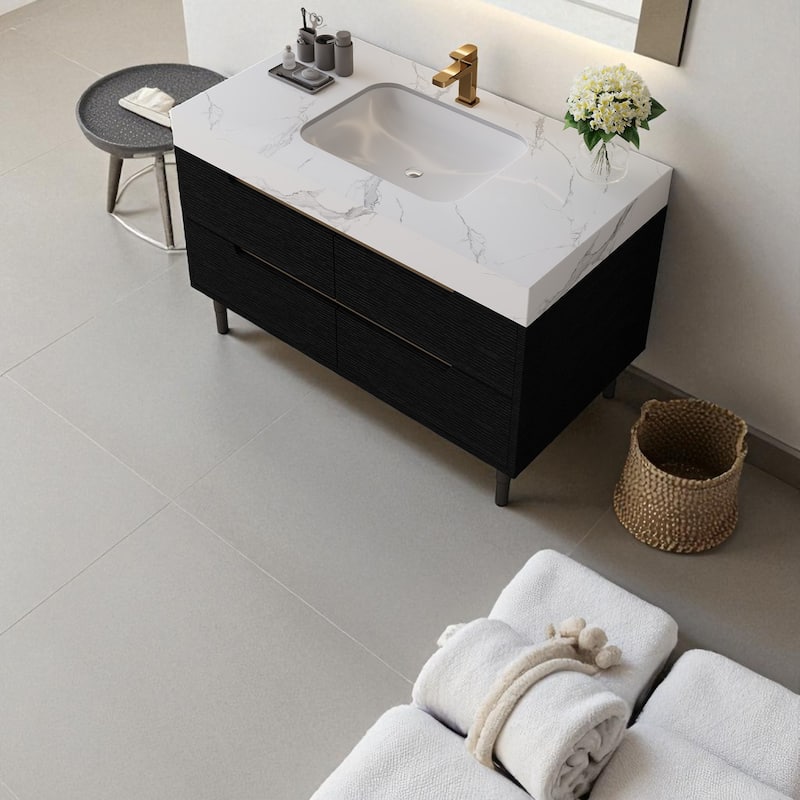 35.4" Modern Bathroom Vanity with Sintered Stone Top, Undermount Sink, 4 Drawers, Freestanding or Wall-Mounted