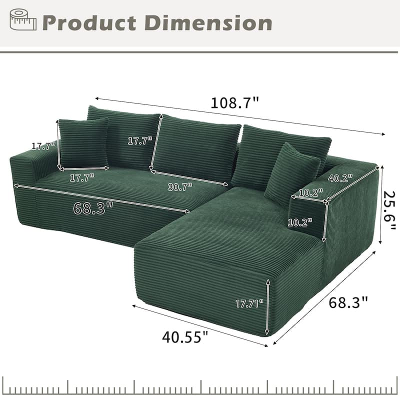 Modular Sectional Cloud Sofa with L-Shape Chaise, Oversized Corduroy Upholstered Boneless Sofa, Corner Sofa with Deep Seat