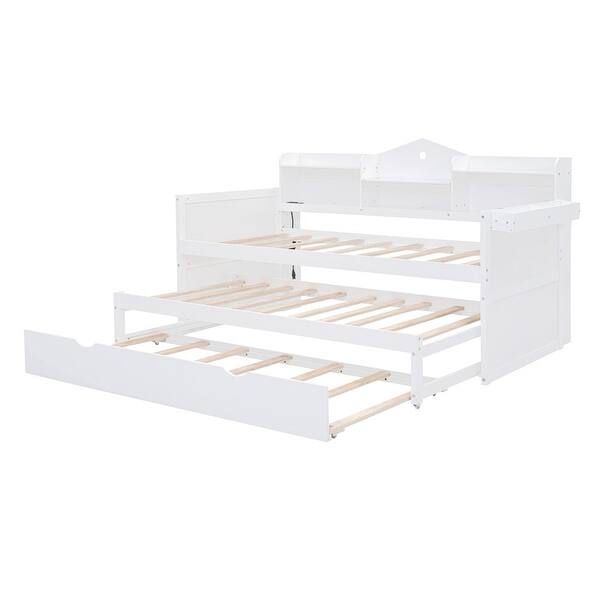 White Wooden Twin XL Daybed Sofa Bed with 2 Twin Trundles and USB