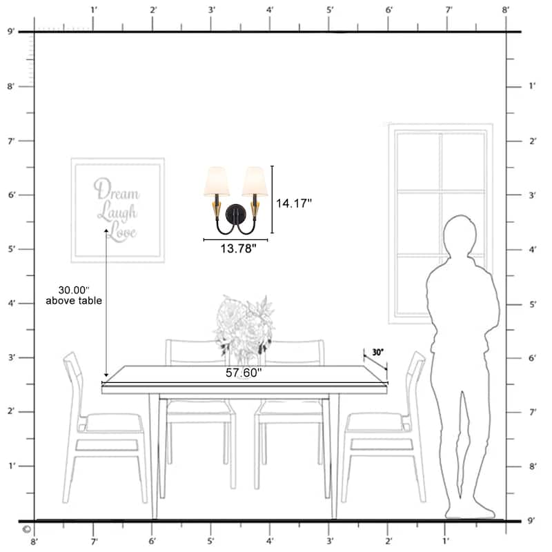 2-Light Matte Black & Gold Wall Sconce Traditional Fabric Shades