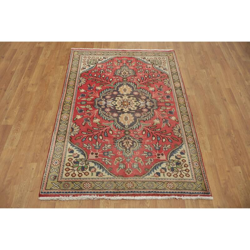 Hand Knotted Oriental 100% Wool Carpet Traditional Tribal Red Tabriz Area Rug - 4' 10'' X 3' 5''
