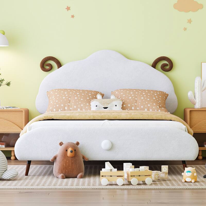 Platform Bed with Sheep-Shaped Headboard - White-80.5"L x 63"W x 44"H