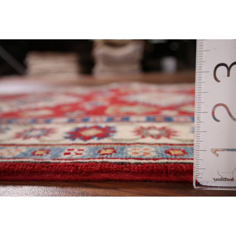 Red Geometric Kazak Runner Rug Hand-Knotted Wool Carpet - 2'7" x 9'8"