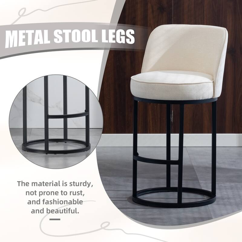 Counter Height Bar Stools Set of 2, Modern Barrel Counter Stools with Backrest, Linen Fabric Upholstered Accent Bar Stools