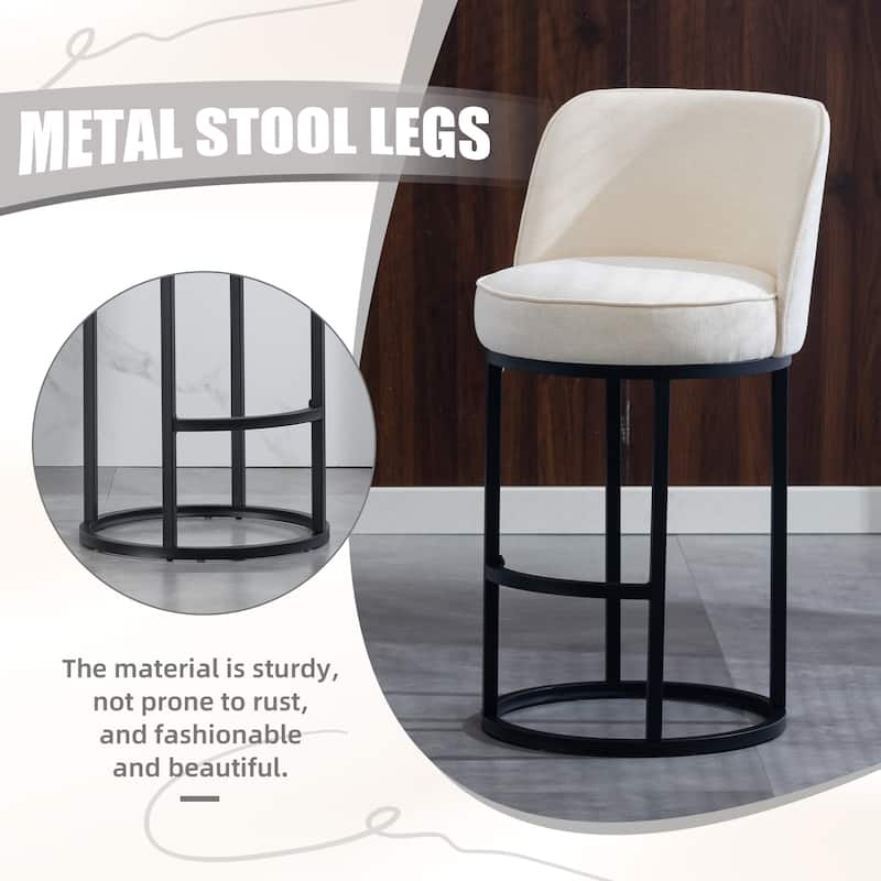 Set of 2 Modern Barrel Counter Stools with Backrest, Linen Upholstered Bar Stools for Kitchen Island