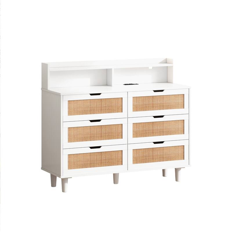 White Rattan Drawer Storage Cabinet with LED Lights and Power Outlet, Great for Bedroom and Living Room, 43.31" Size