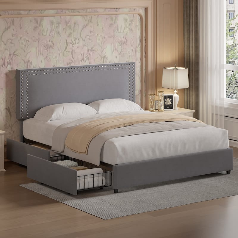 VECELO Upholstered Storage Bed Frames with 4 Storage Drawers Platform Bed Frame with Adjustable Velvet Rivets Headboard