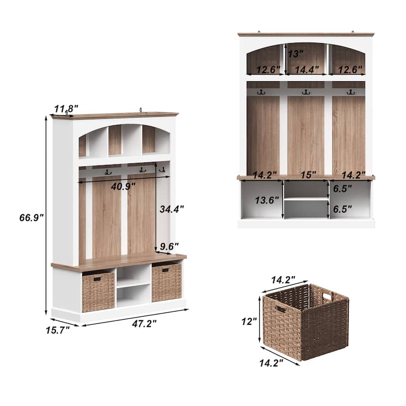 Entryway Hall Tree with Shoe Bench and 2 Rattan Baskets, Mudroom Storage Organizer
