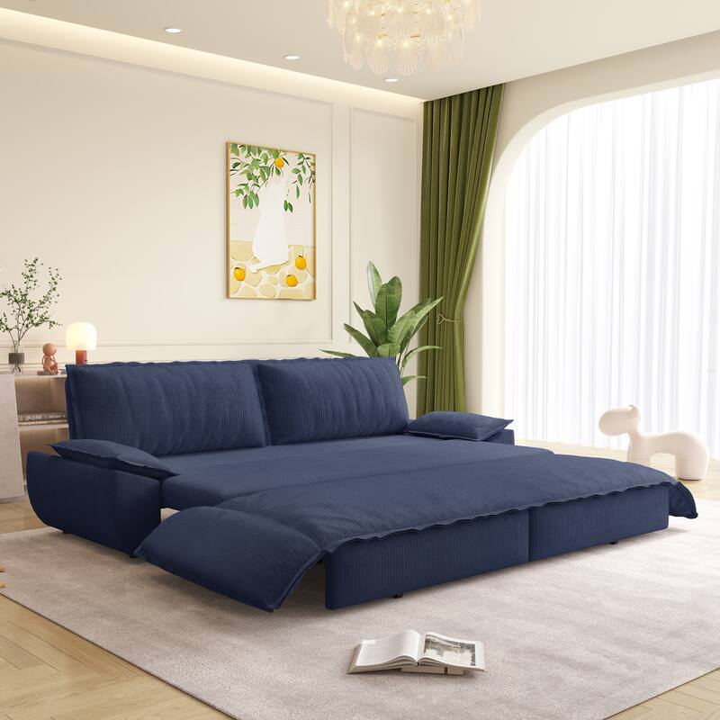 73.2" Queen Pull Out Sofa Bed, 3-in-1 Convertible Sleeper Sofa, Multi-Functional Corduroy Loveseat Bed - Blue
