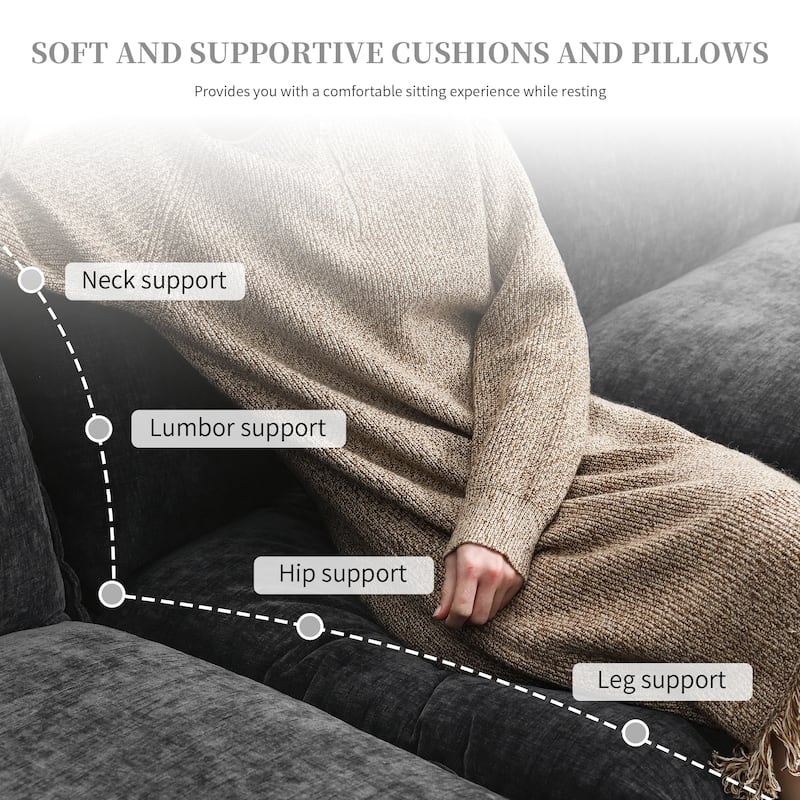 Chenille Upholstered Sectional Sofa with Chaise and Storage Pockets, 5 Seat Lounge Cloud Couch L-shaped Recliner Couches