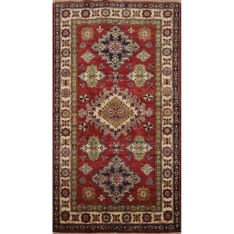 Hand Knotted Oriental 100% Wool Carpet Traditional Tribal Red Super Kazak Area Rug - 5' 0'' X 2' 11''
