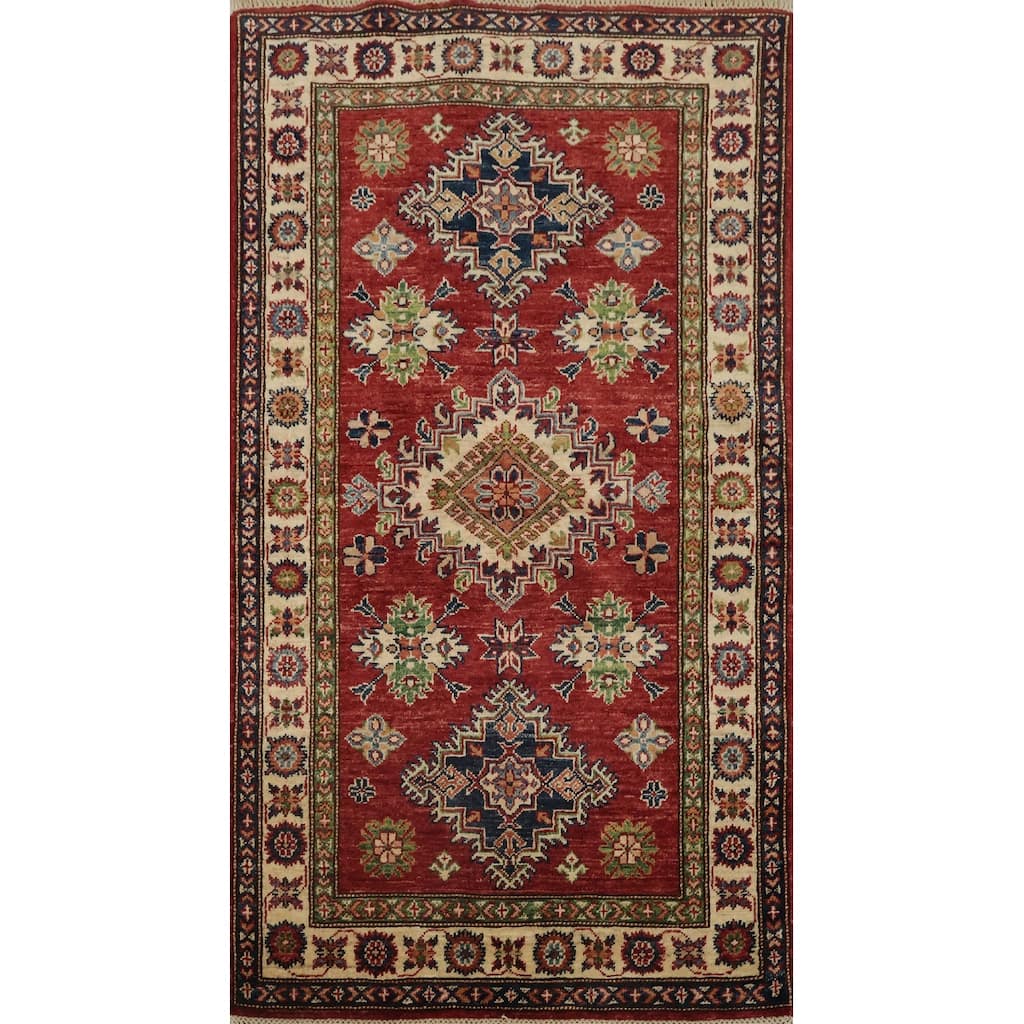 Hand Knotted Oriental 100% Wool Carpet Traditional Tribal Red Super Kazak Area Rug - 5' 0'' X 2' 11''