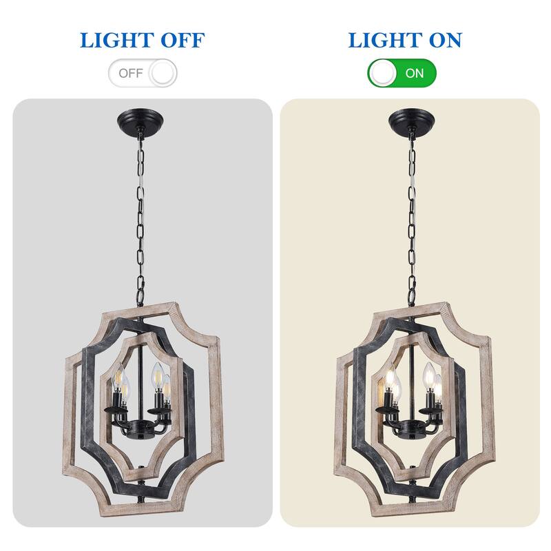 CurveCurio 18" Boho Adjustable Three-Tier Solid Wood Shade Pendant Light w 4 Lights, Austable Hanging Chain Chandelier