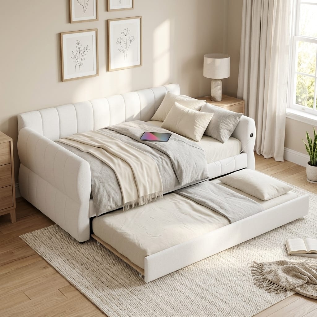 Queen Upholstered Daybed Platform Bed with Pull-Out Trundle & Built-In USB Charging by Harper&Bright Designs