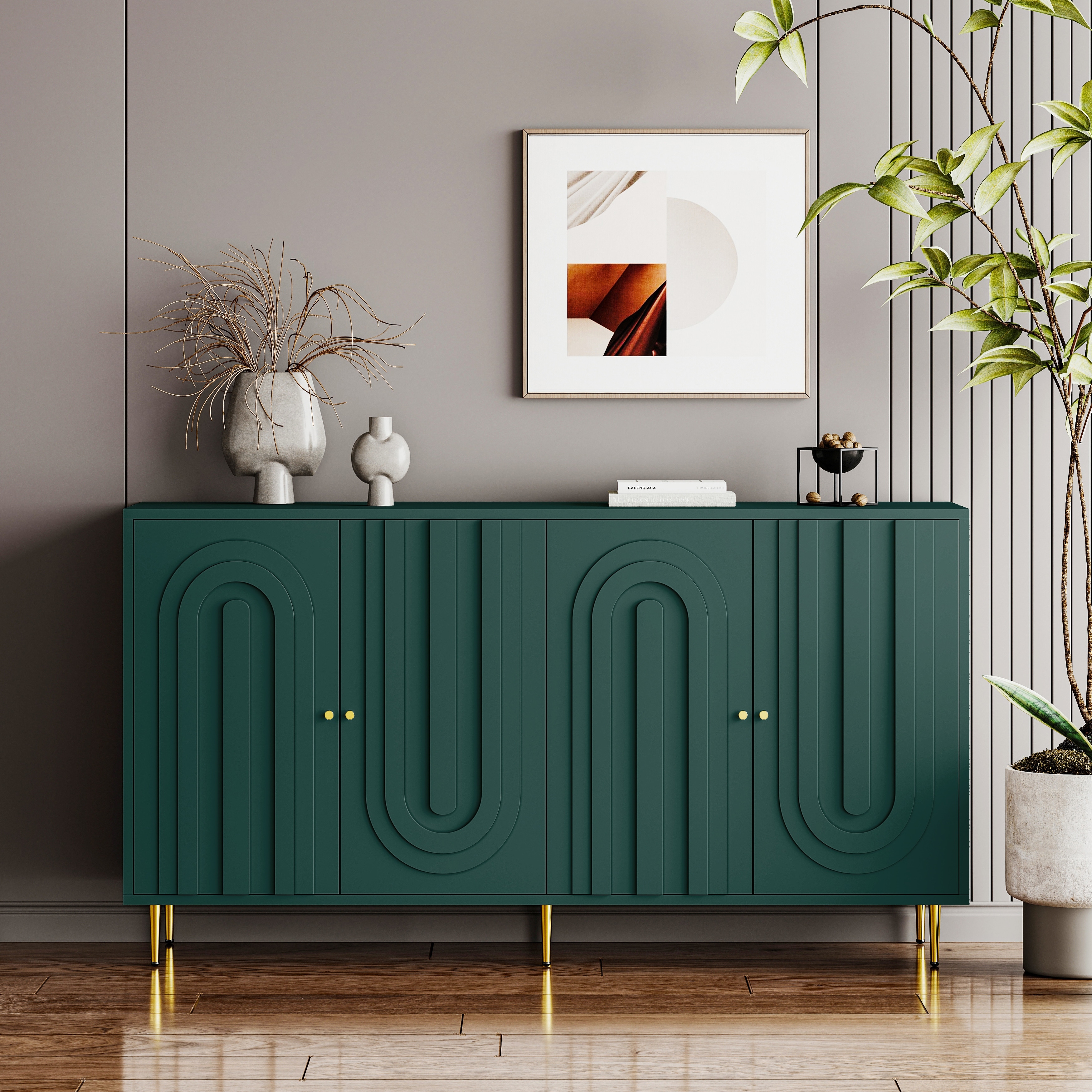 Sideboard Cabinet with 4 Door, Wood Storage Cabinet with Gold Knobs and Legs, Entryway Table with Adjustable Shelves