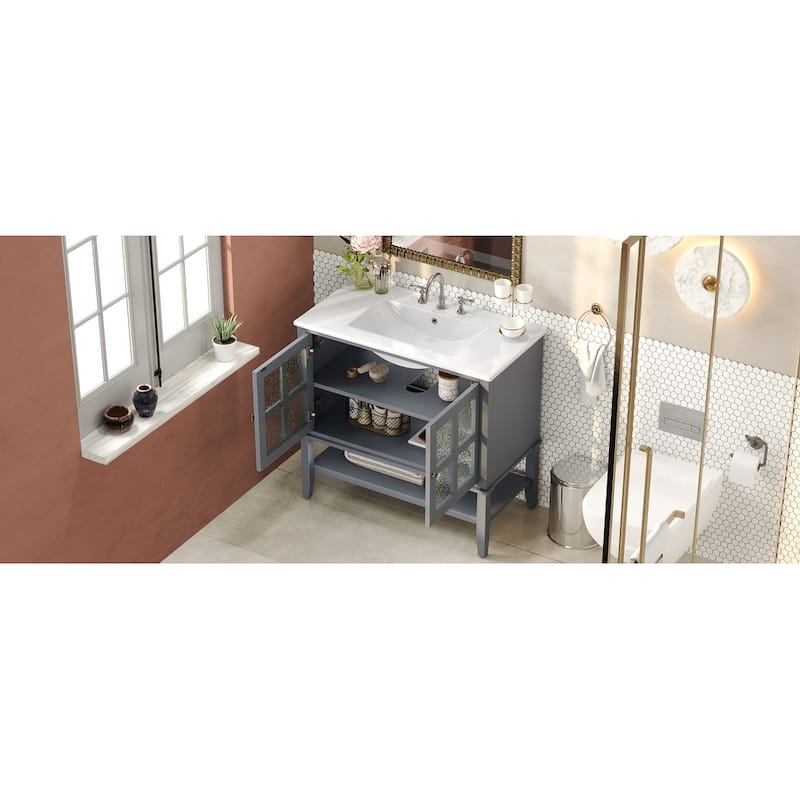 Roomfitters 36" Contemporary Bathroom Vanity with Ceramic Sink, Textured Glass Doors, Adjustable Shelf and Open Storage