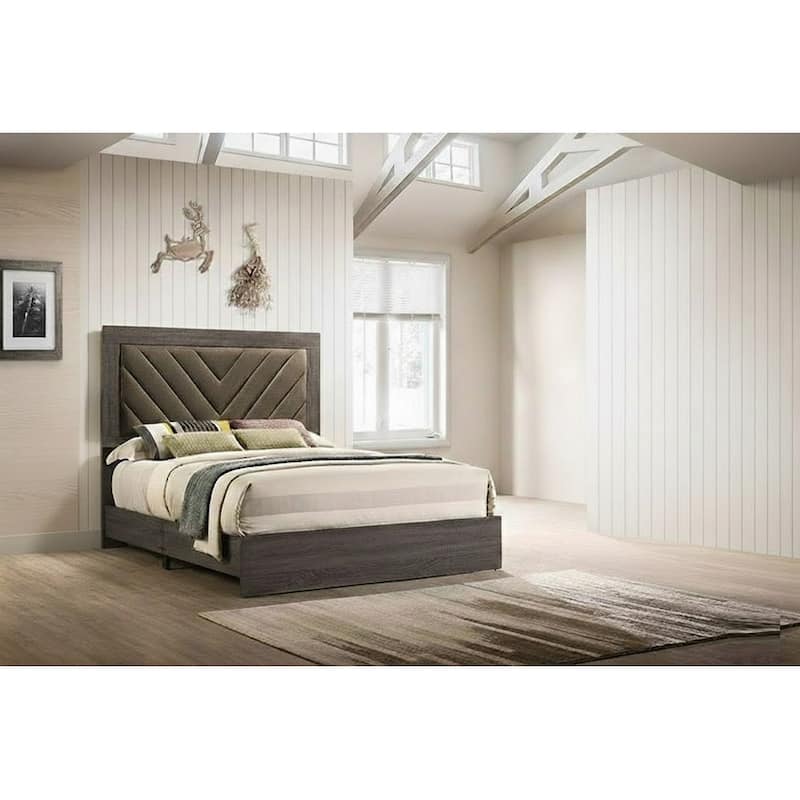 Contemporary Style 1pc Bed Set V-design Padded Upholstered Headboard Platform bed Gray Finish Bedroom Furniture