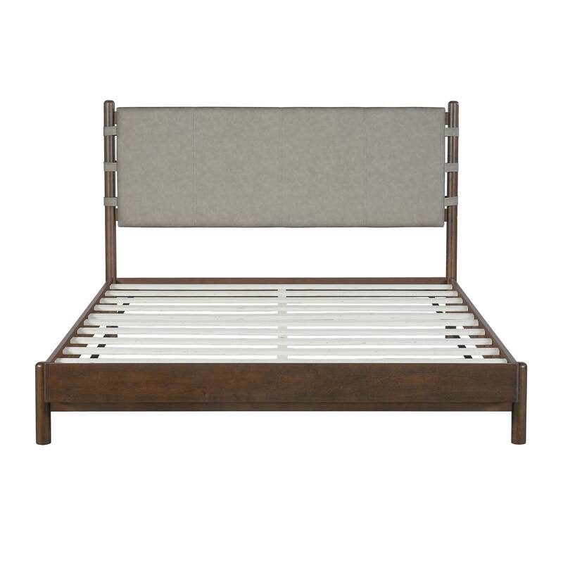 Low-Profile Platform Bed Frame with Upholstered Panel Headboard Wood Slat Supports and Center Support Legs for Bedroom Apartment