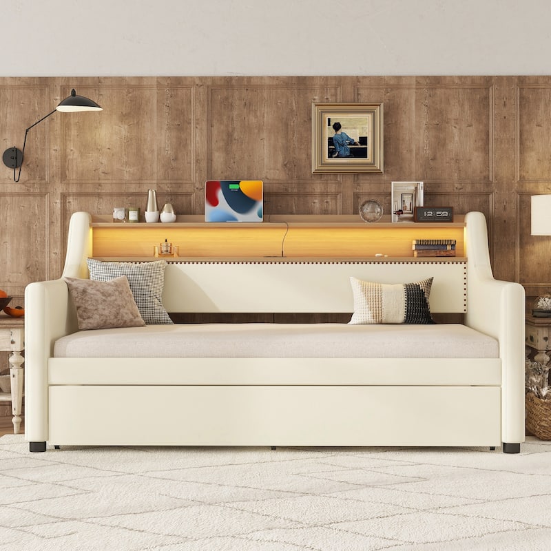 Modern Twin Daybed with Trundle, USB Charging & LED Lights, White PU Leather