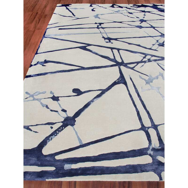 EXQUISITE RUGS Space Age Hand-knotted Wool/Bamboo Silk Grey/Royal Blue/Navy Area Rug.