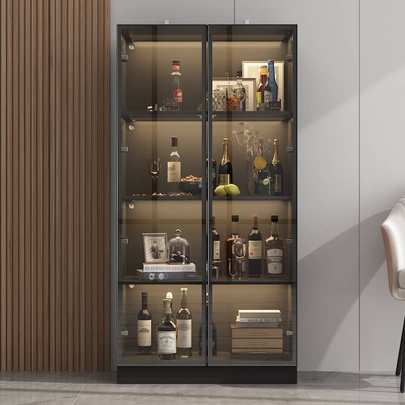 63"Hx31.5"W Lighted Display Cabinet with Glass Doors Bookshelf Buffet