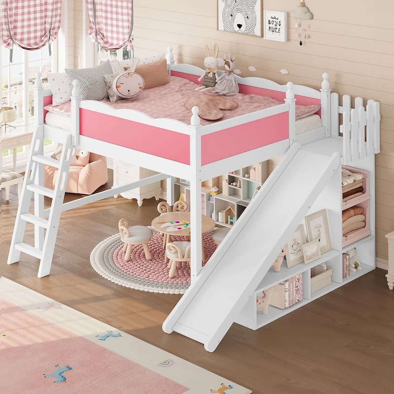 Modern High Loft Beds with Full Length Guardrails, Solid Wood Storage Loft Bed Frame with Detachable Slide and Ladders