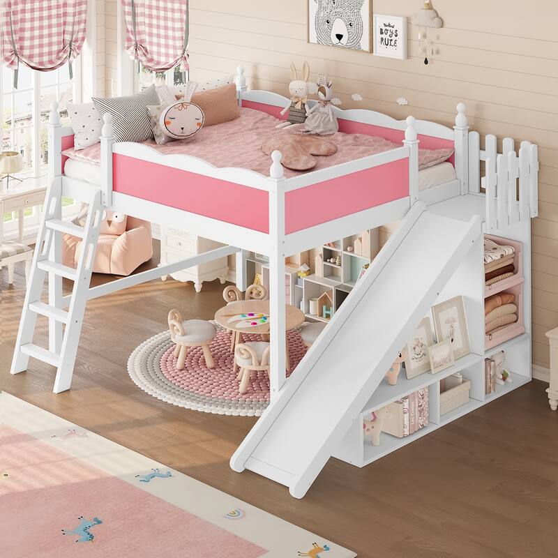 Queen Loft Bed with Storage Shelves and Cabinet, Solid Wood Loft Beds with Detachable Slide and Ladders, No Spring Box Needed - Light White,Pink