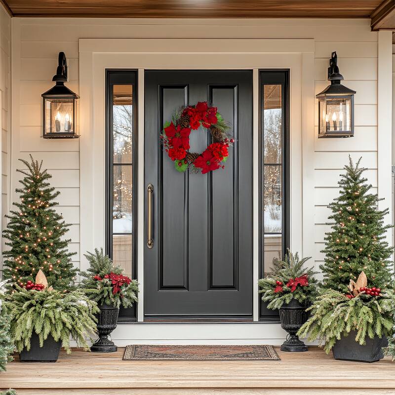 Red Poinsettia Hydrangea Flowers Berries Artificial Wreath 24"