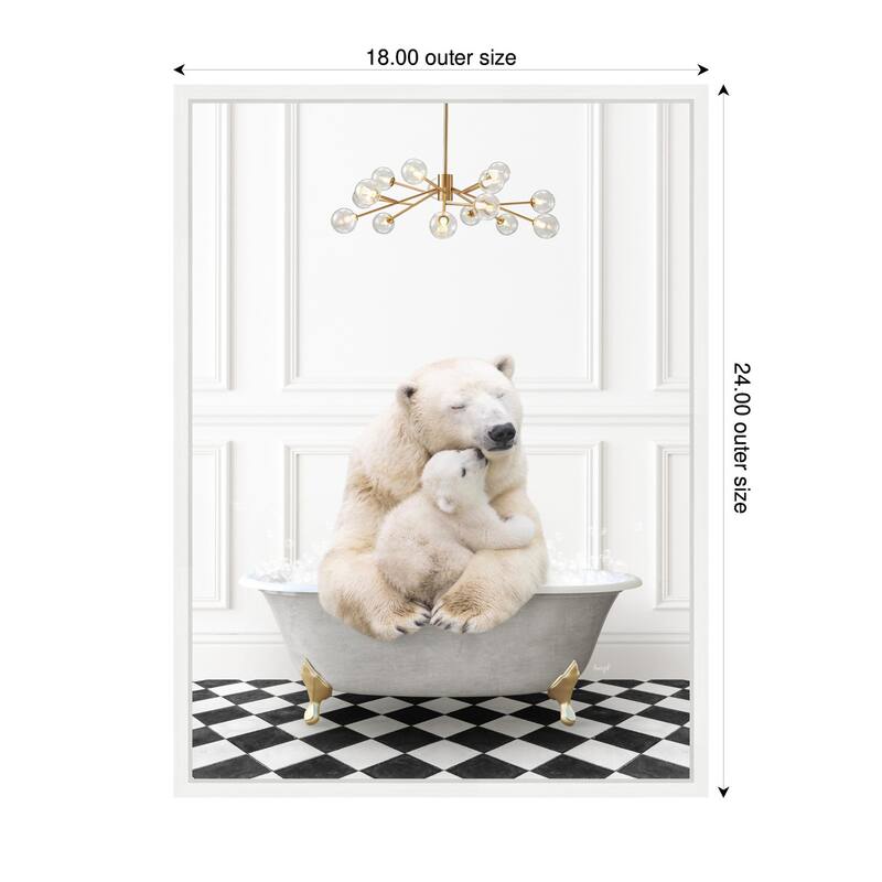 Kate and Laurel Sylvie Mother and Baby Polar Bear in Gray Bathtub on Checker Floor Framed Canvas by Amy Peterson