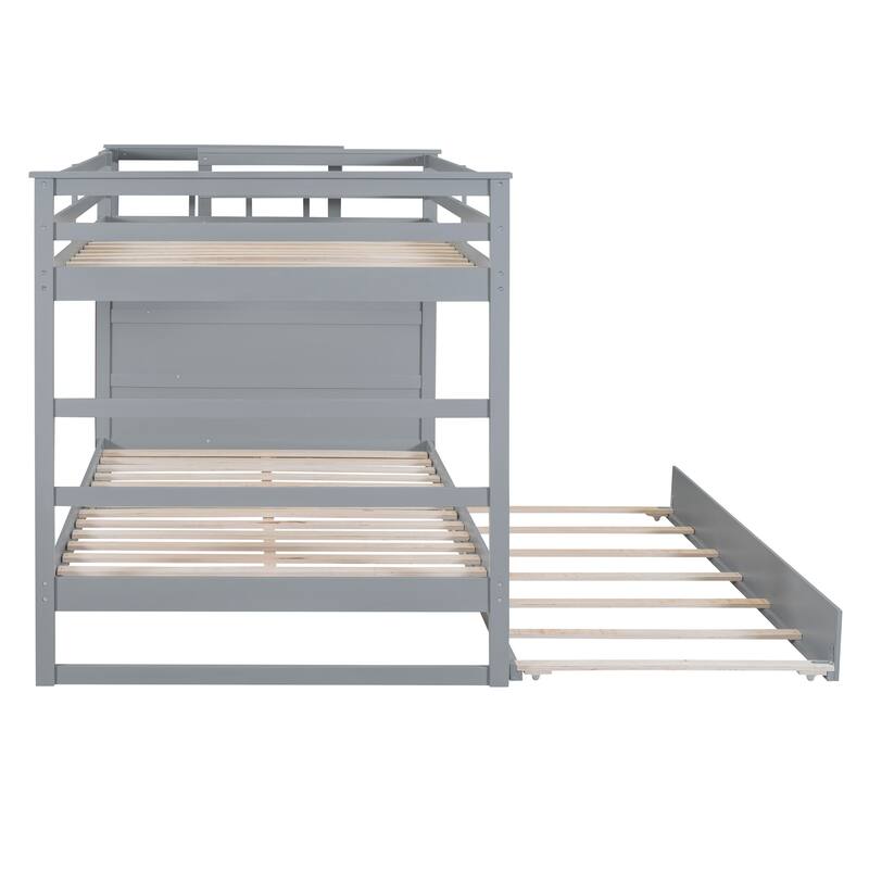 Full Over Full Bunk Bed with Twin Trundle and Staircase, Gray