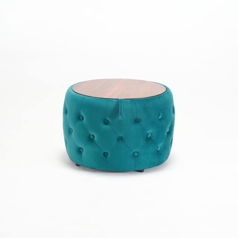 Luxurious Velvet Nesting Ottomans of 2, 4-in-1 Function, Round Storage Foot Stool with Wood Tray, No Assembly Needed