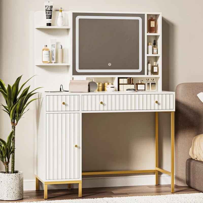 Modern Makeup Vanity Desk with Mirror and Lights, Storage Cabinet with Power Outlet for Bedroom