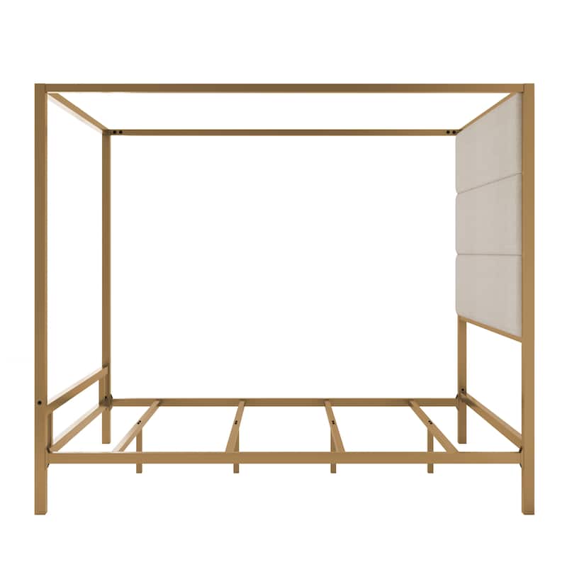 Metal 4-Poster Bed Frame Modern Canopy Upholstered Bed with Tall Upholstered Headboard