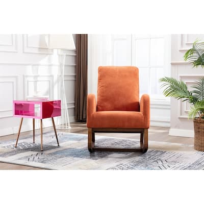 Mid-Century Modern Fabric Rocking Chair with a Cushion Back, 2 Side Pocket and Solid Rubber Wood Curve Base