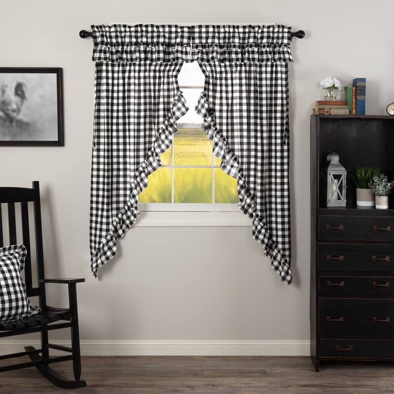 Annie Buffalo Check Ruffled Short Prairie Panel Set - Prairie Panel 63x36 - Prairie Panel 63x36 - Country Black/Soft White