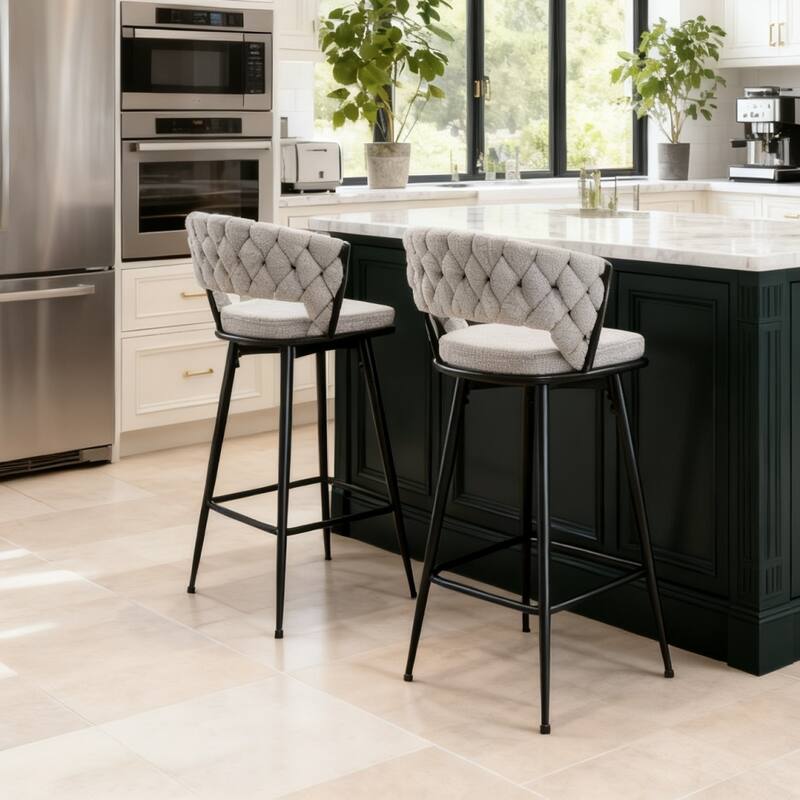 Set of 2 Swivel Bar Stools with Light Gray Linen Cushions & Black Iron Frame for Kitchen & Pub